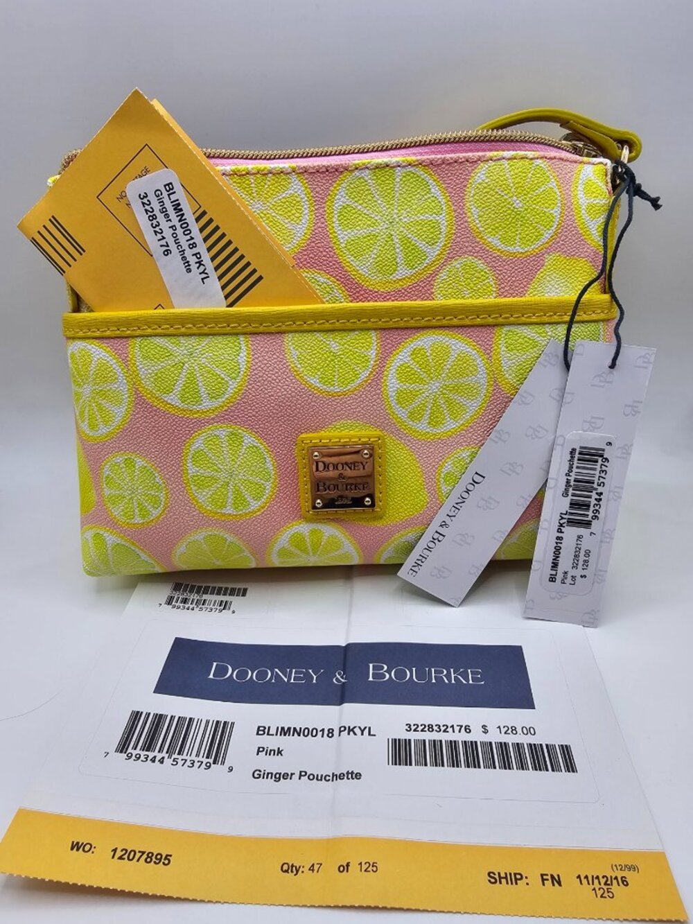 Dooney & Bourke  Ginger Pouchette - Pink with Yellow Lemons - NWT and DUST COVER